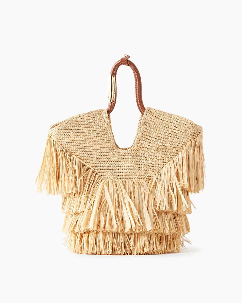 Layered Fringe Raffia Top Handle Tote Bag