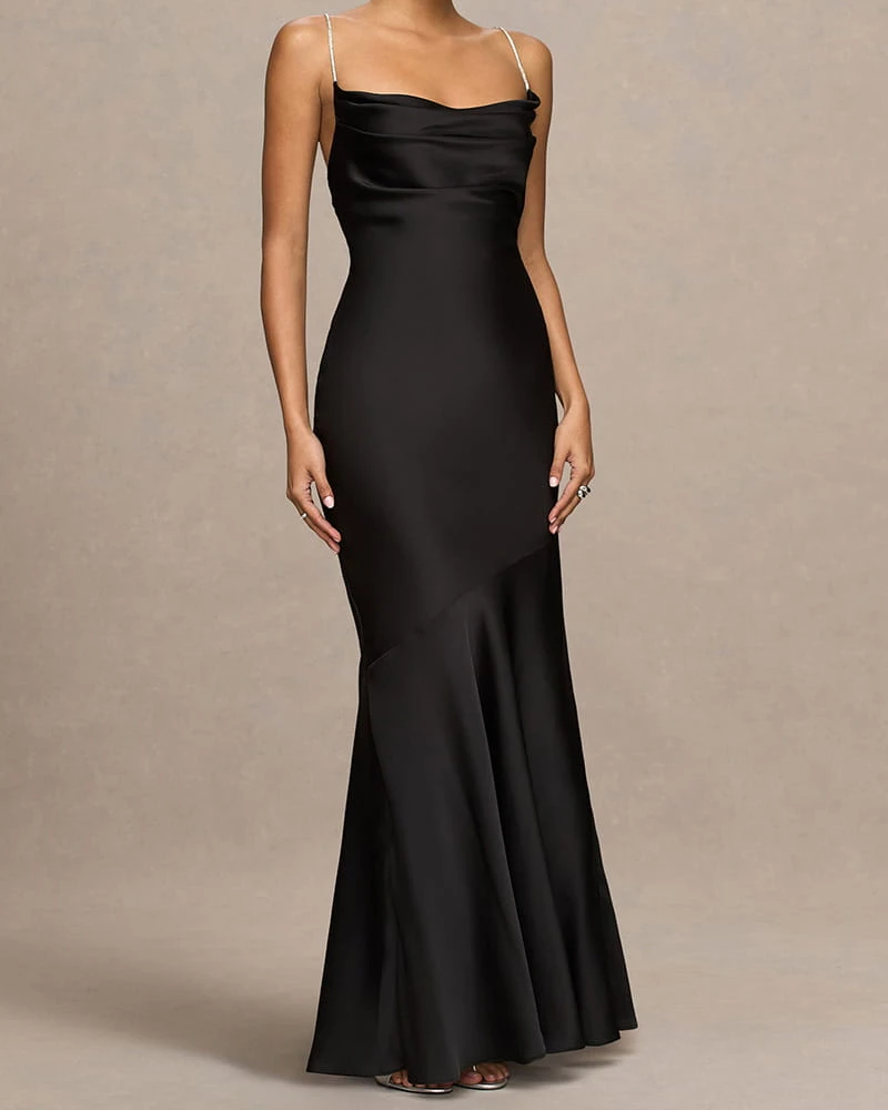Elegant Evening Cowl Neck Maxi Satin Gown