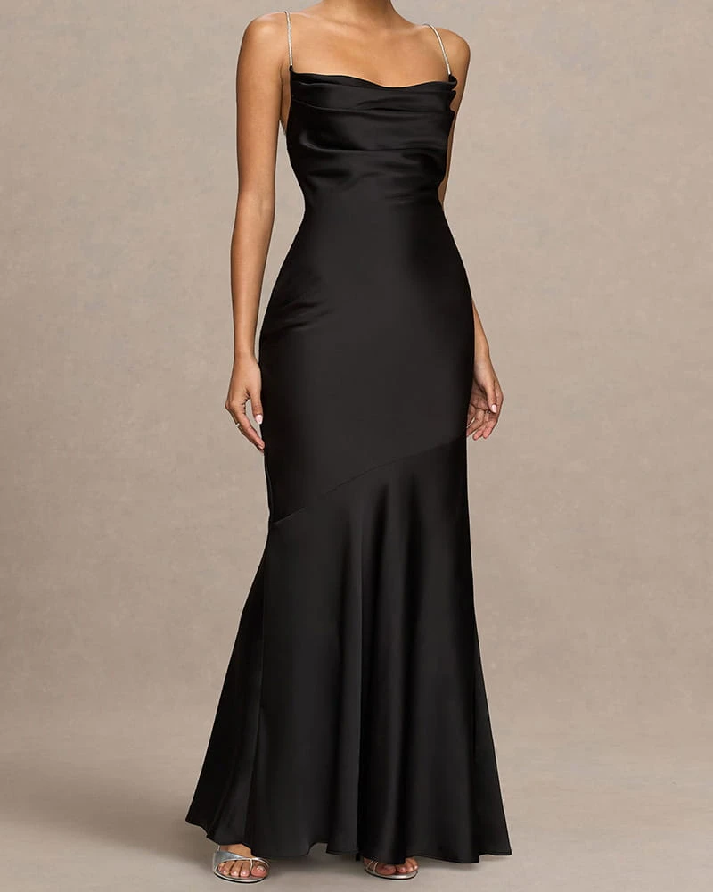 Elegant Evening Cowl Neck Maxi Satin Gown