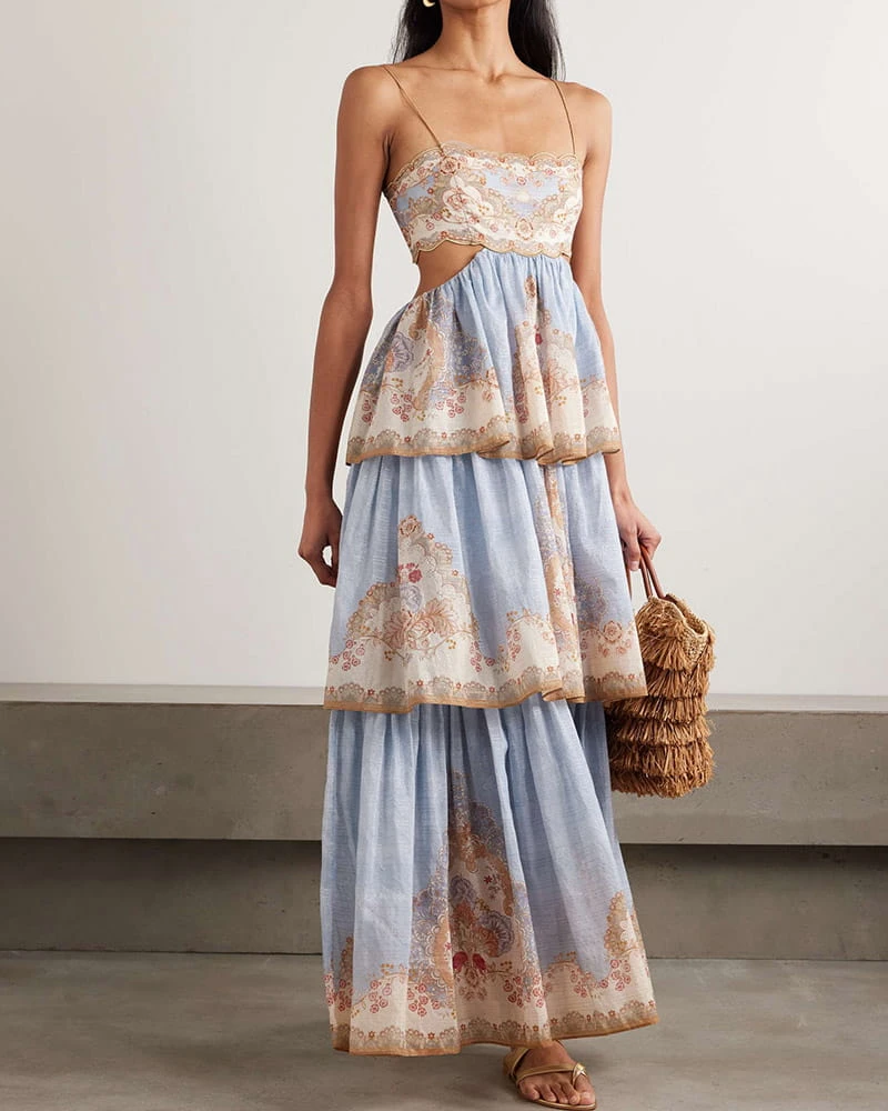 Bohemian Floral Cutout Tiered Maxi Dress