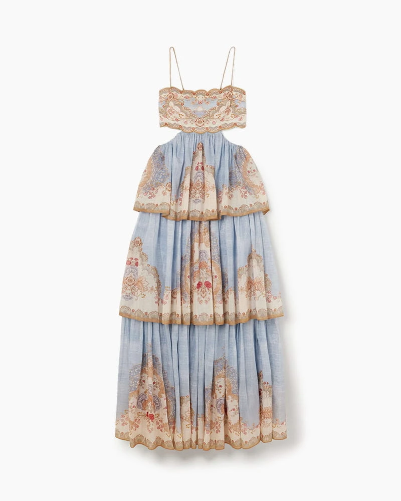 Bohemian Floral Cutout Tiered Maxi Dress