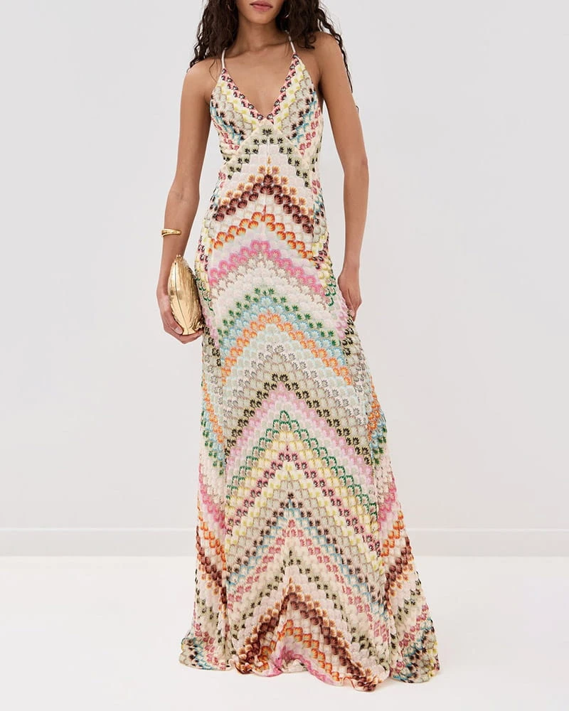 Boho Diagonal Stripe Open-Knit Backless Long Dress