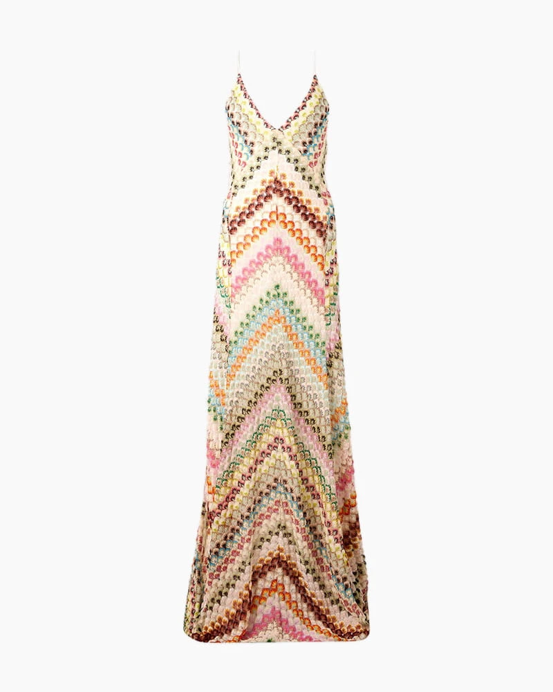 Boho Diagonal Stripe Open-Knit Backless Long Dress