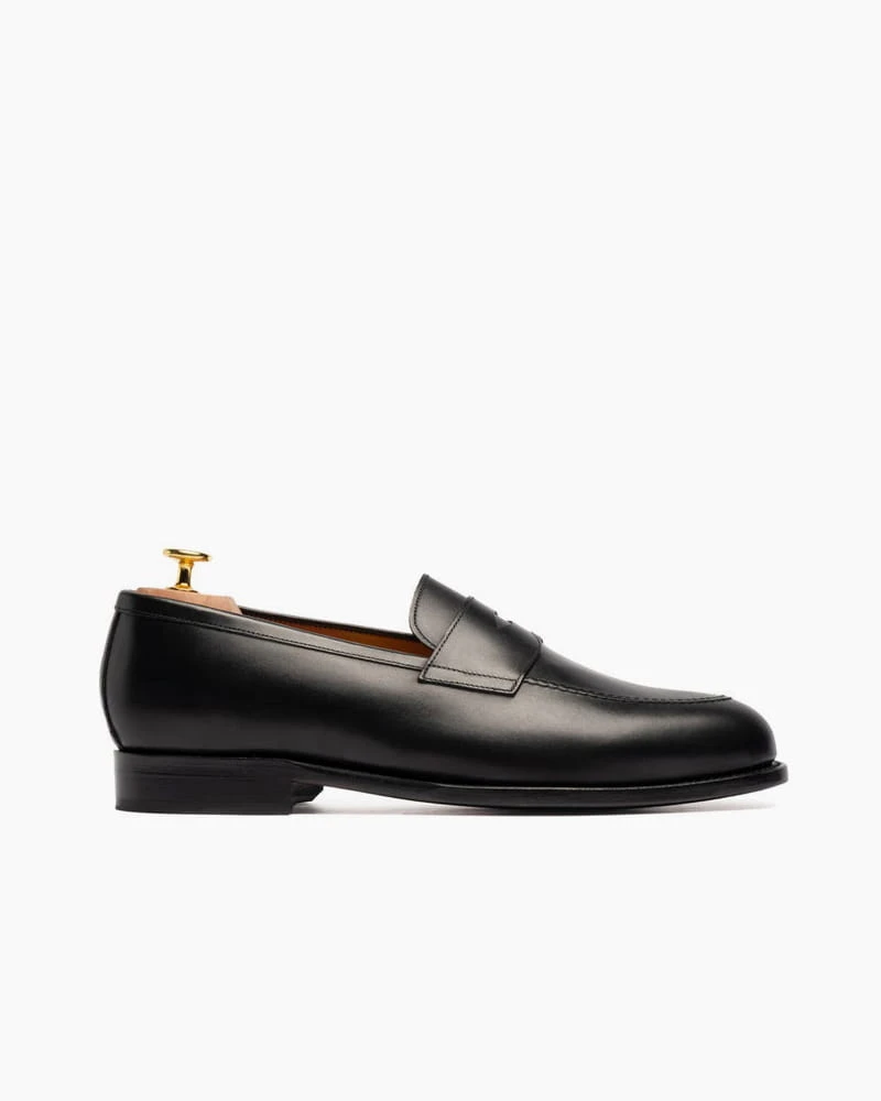 Men’s Polished Black Leather Penny Loafers with Low Heel