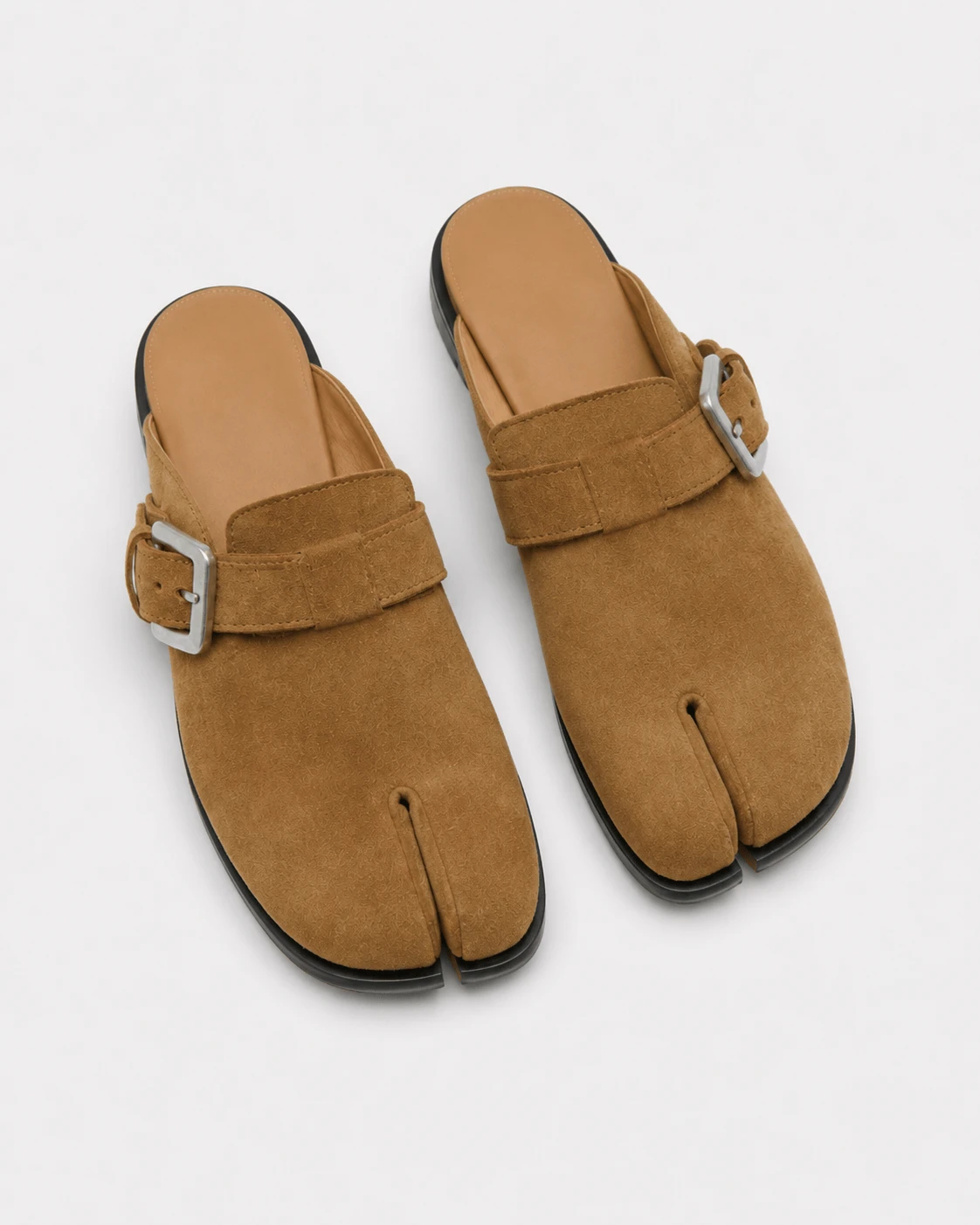 Brown Suede Flat Sole Split-Toe Sandal Mules