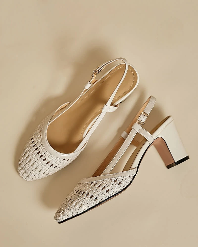 Summer Office Woven Block Heel Slingback Pumps