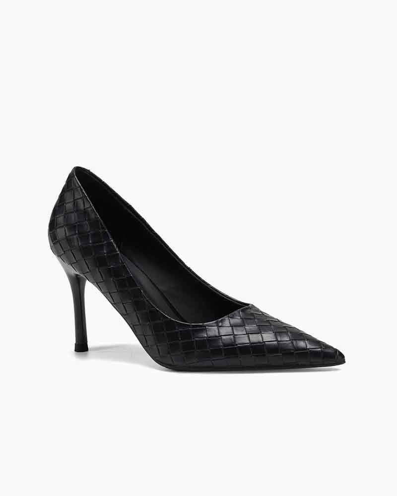 Woven-Texture Pointed-Toe Mid-High Heel Pumps