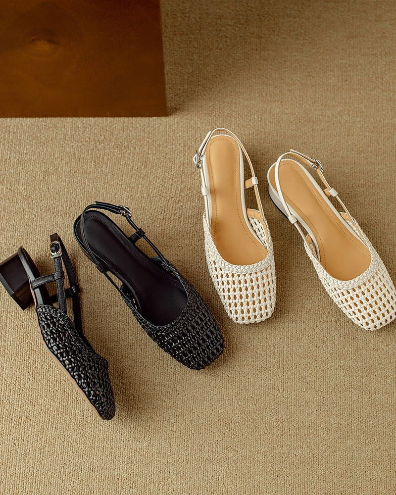 Woven Buckle Strap Slingback Chunky Heel Sandal
