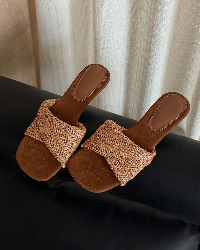 Cross-Strap Woven Open-Toe Slide Sandals
