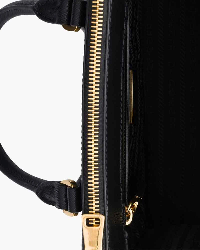 Black Double Zip Shoulder Handbag with Gold Hardware & Strap
