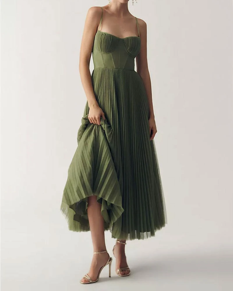 Corset Pleated Tulle Fit & Flare Midi Dress