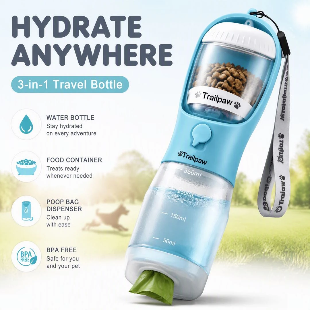 TrailPaw 25oz Portable Dog Water Bottle — Leak-proof Travel Water Dispenser with Food Container for Hiking & Camping