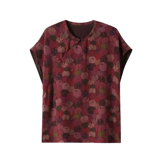 New Chinese style red gauze printed short-sleeved top