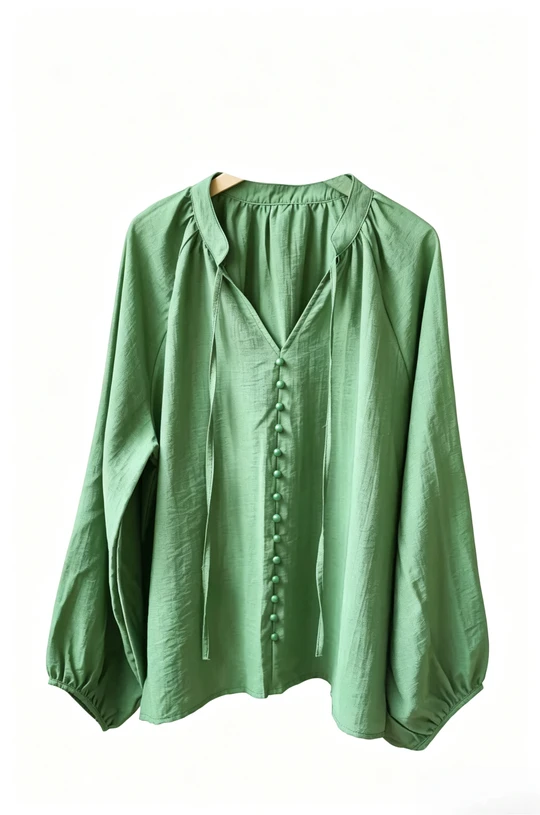 Ramie V-neck button-down puff sleeve pine green shirt