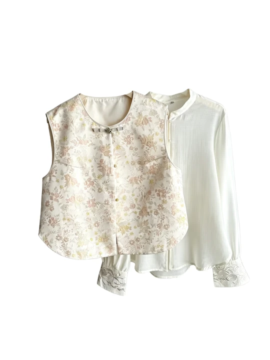 New Chinese style jacquard vest and embroidered shirt two-piece set