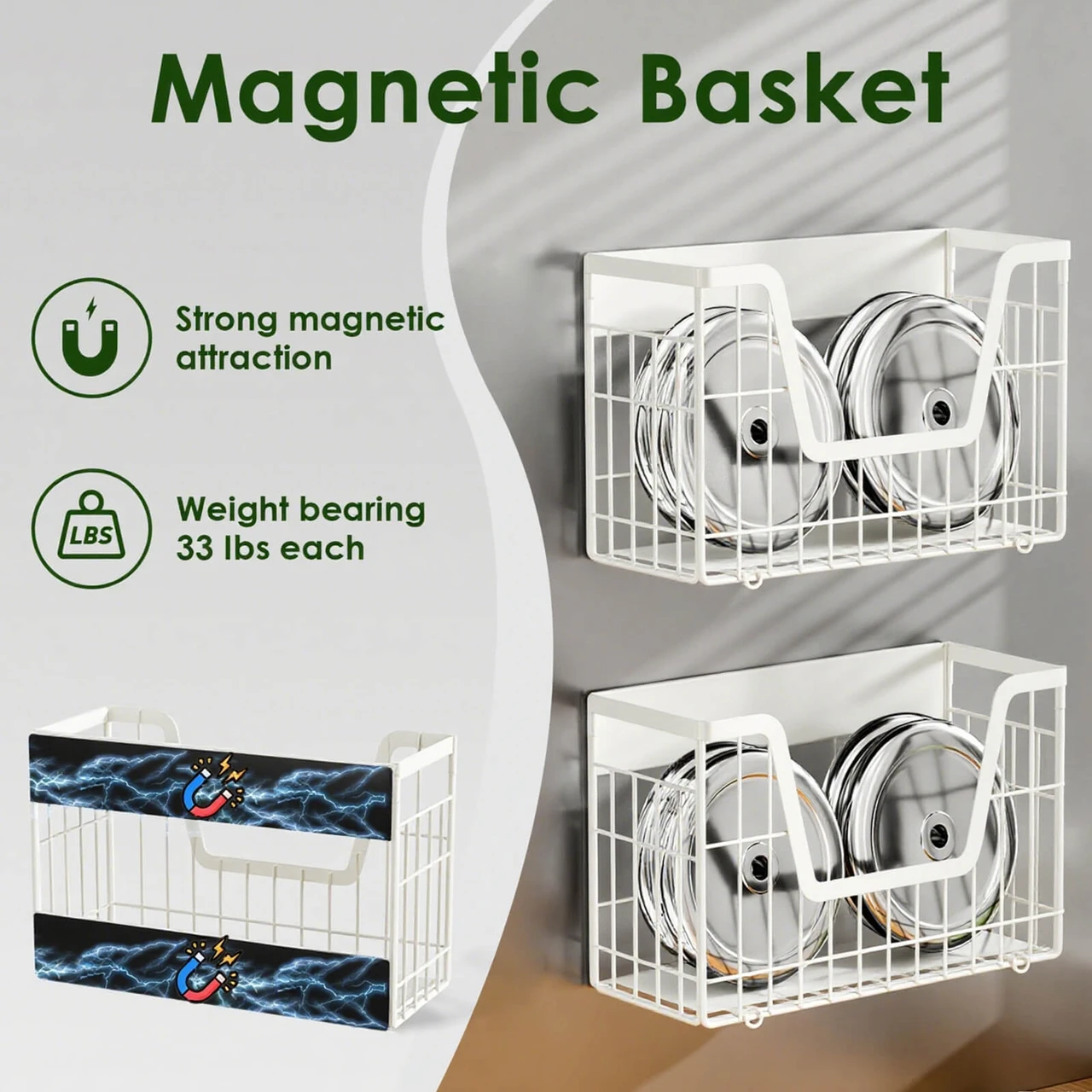 2 Set Magnetic Fridge Shelf, White Magnetic Fruit Basket for Fridge | Potato and Onion Storage Bins, Wire Baskets Magnet Shelves Spice Rack for Refrigerator Laundry Kitchen Organizer and Storage