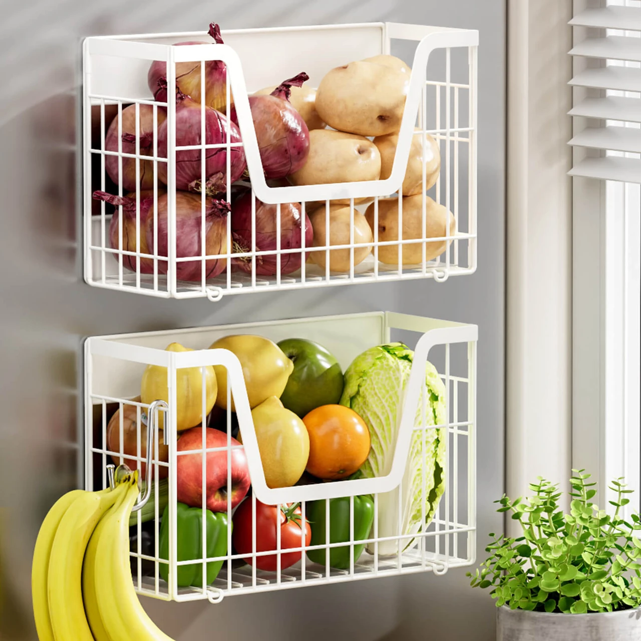2 Set Magnetic Fridge Shelf, White Magnetic Fruit Basket for Fridge | Potato and Onion Storage Bins, Wire Baskets Magnet Shelves Spice Rack for Refrigerator Laundry Kitchen Organizer and Storage