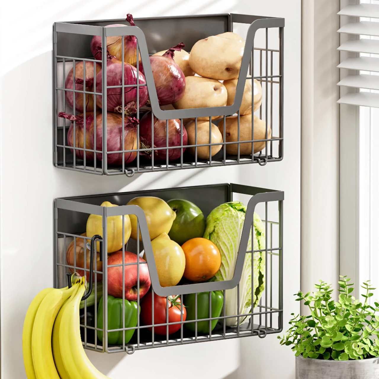 Grey Magnetic Shelf for Fridge, 2-Pack Potato and Onion Storage Bin | Magnetic Fruit Basket for Fridge, Magnetic Shelves Kitchen Pantry Organizers & Storage, Magnetic Spice Rack for Refrigerator