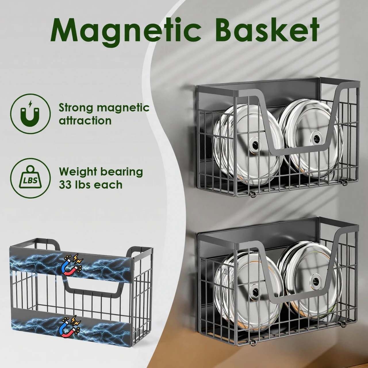 Grey Magnetic Shelf for Fridge, 2-Pack Potato and Onion Storage Bin | Magnetic Fruit Basket for Fridge, Magnetic Shelves Kitchen Pantry Organizers & Storage, Magnetic Spice Rack for Refrigerator