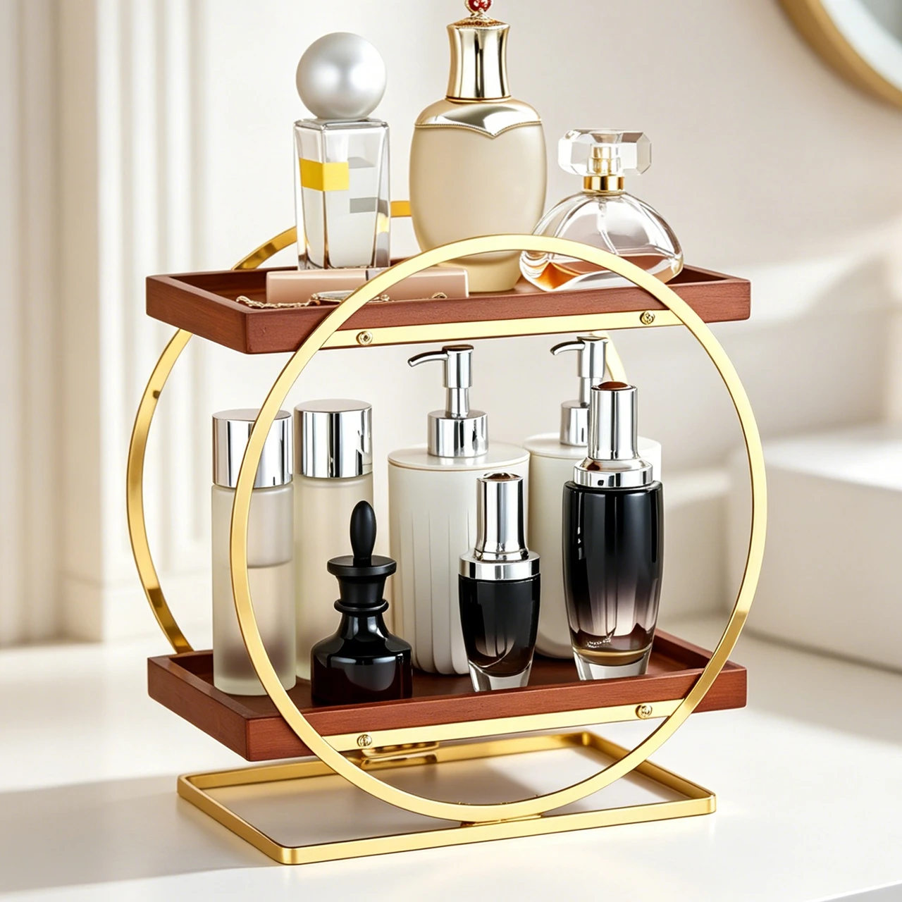Bathroom Counter Organizer, Wooden Bathroom Organizers and Storage | 2-Tier Vanity Makeup Skincare Cologne Organizer, Bamboo Perfume Organizer for Dresser, Countertop Shelf Kitchen, Gold & Brown