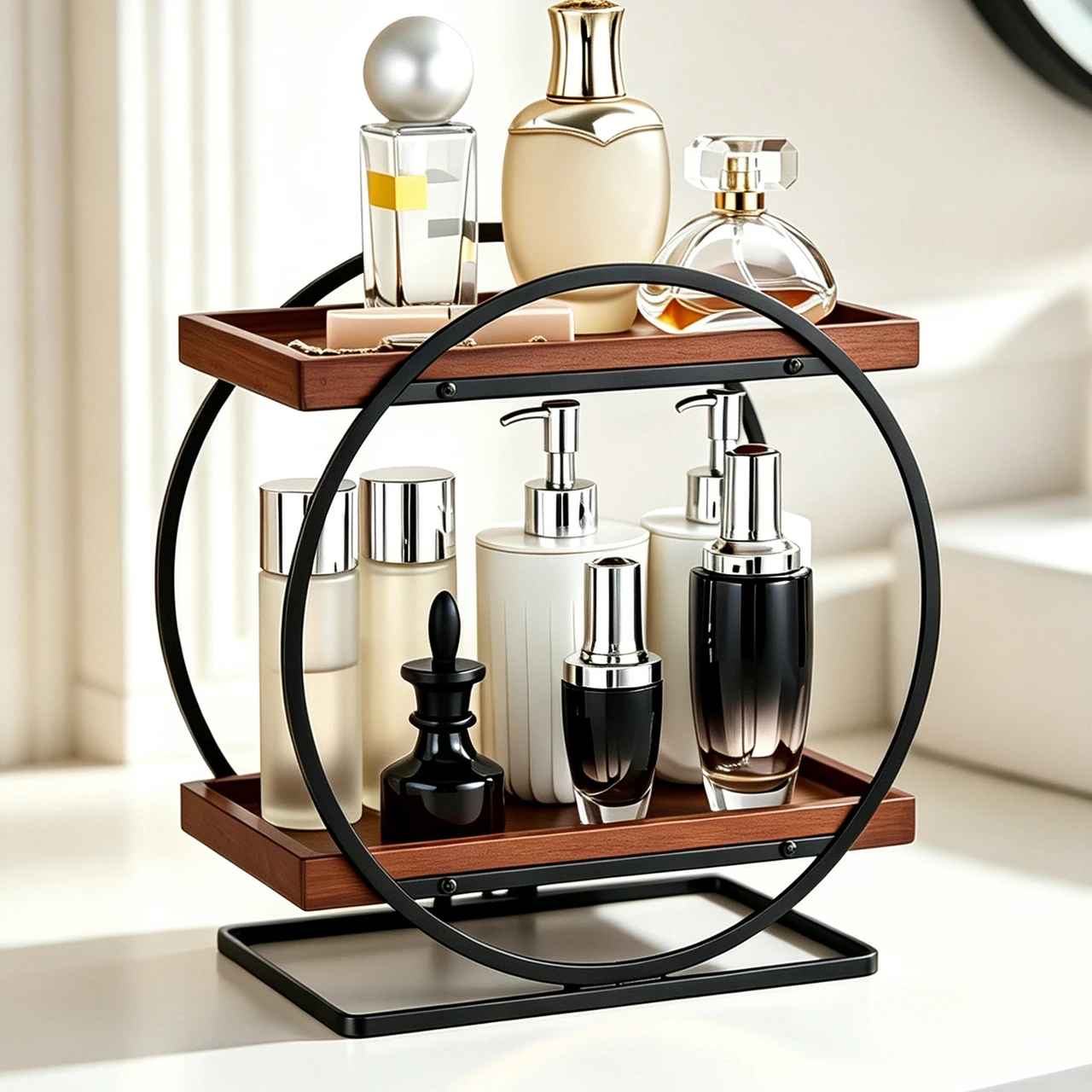 2-Tier Bathroom Counter Organizer, Wooden Perfume Organizer Dresser | Bamboo Countertop Trays Skincare Makeup Vanity Shelf, Organizers and Storage for Bathroom Kitchen,Black & Brown Perfume Stand