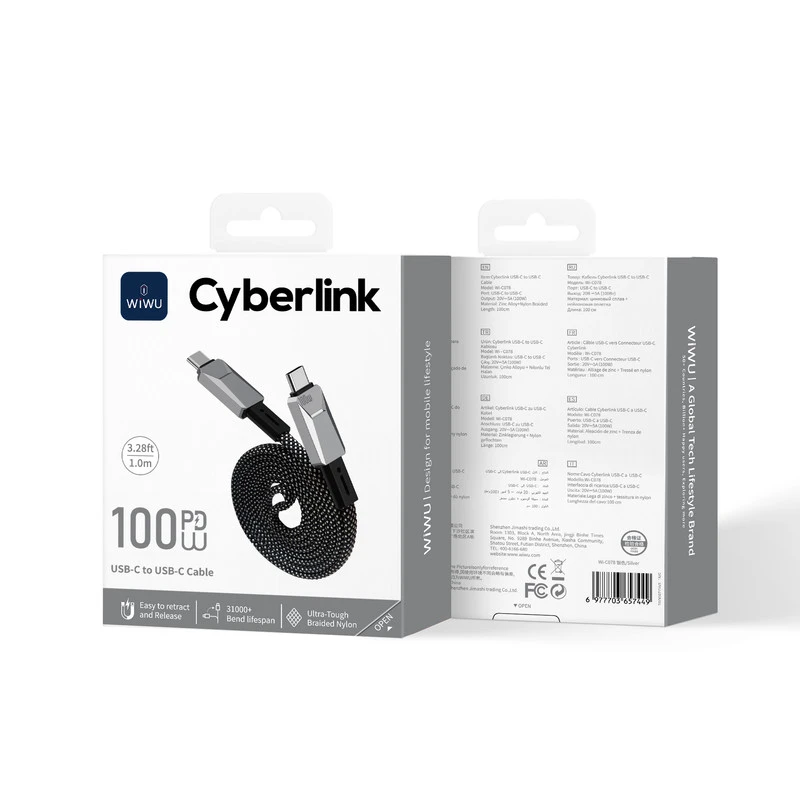 Wi-C078 C-C 1M 100W Cyberlink Series Magnetic Nylon Braided Cavo Argento