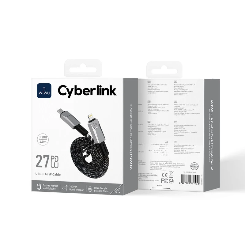Wi-C077 C-L 1M 27W Cyberlink Series Magnetic Nylon Braided Cavo Argento