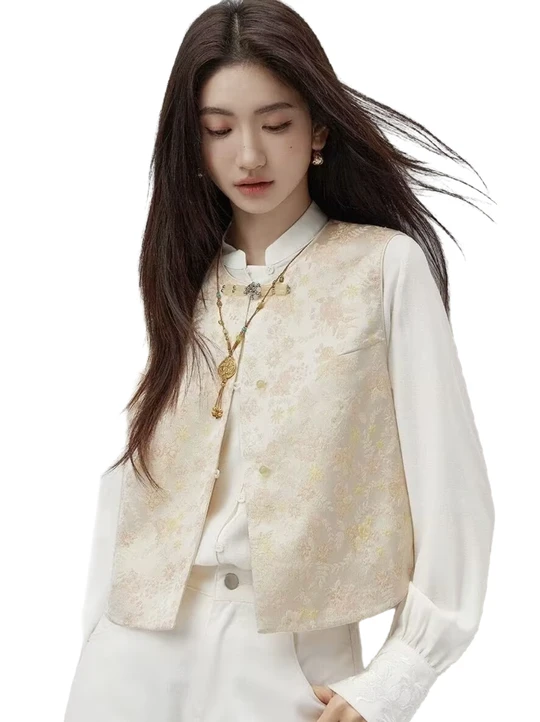 New Chinese style jacquard vest and embroidered shirt two-piece set