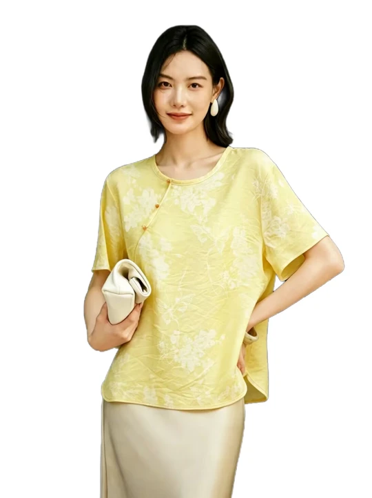 New Chinese style jacquard round neck short-sleeved top