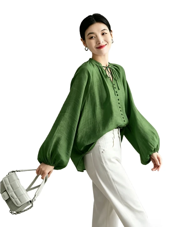 Ramie V-neck button-down puff sleeve pine green shirt