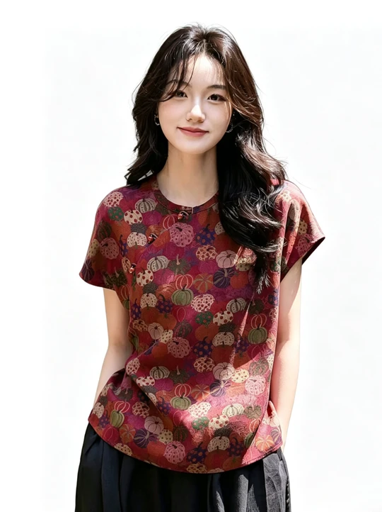 New Chinese style red gauze printed short-sleeved top