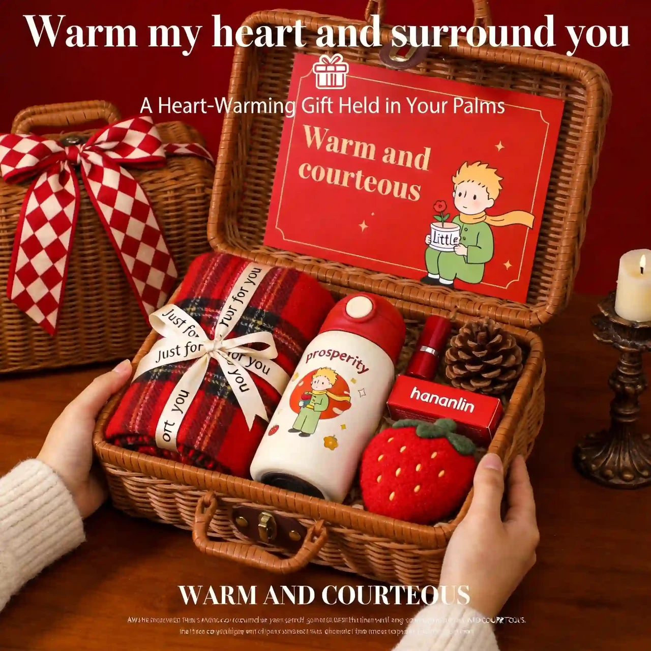 Maple Leaf Winter Comfort Gift Box —Plaid Scarf, Bear Paw Hand Warmer, Knit Gloves, Teddy Bear & Thermal Cup Set