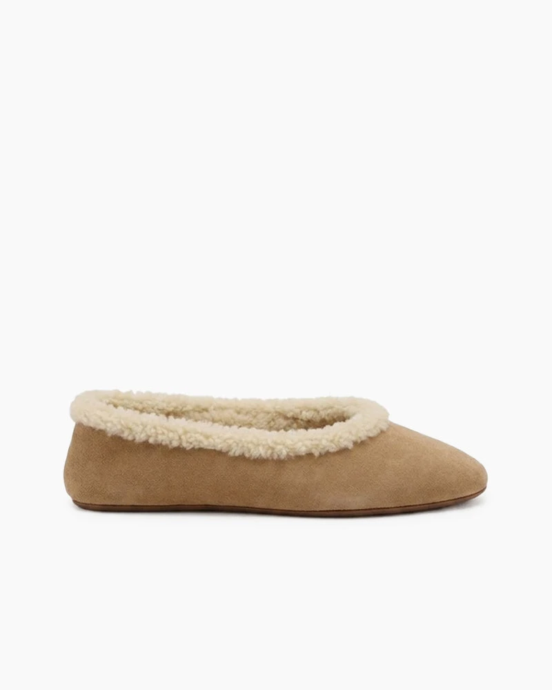 Women's Cozy Fur Trim Ballet Flats-Chestnut Suede