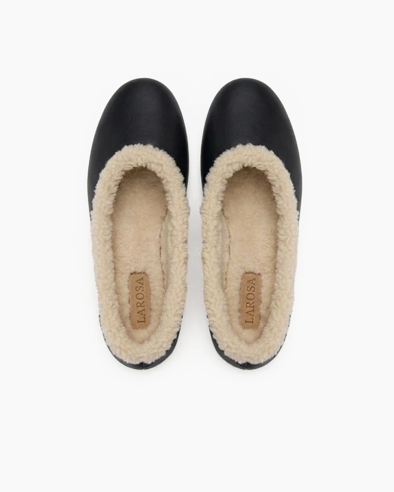 Women's Cozy Fur Trim Ballet Flats-Black Leather