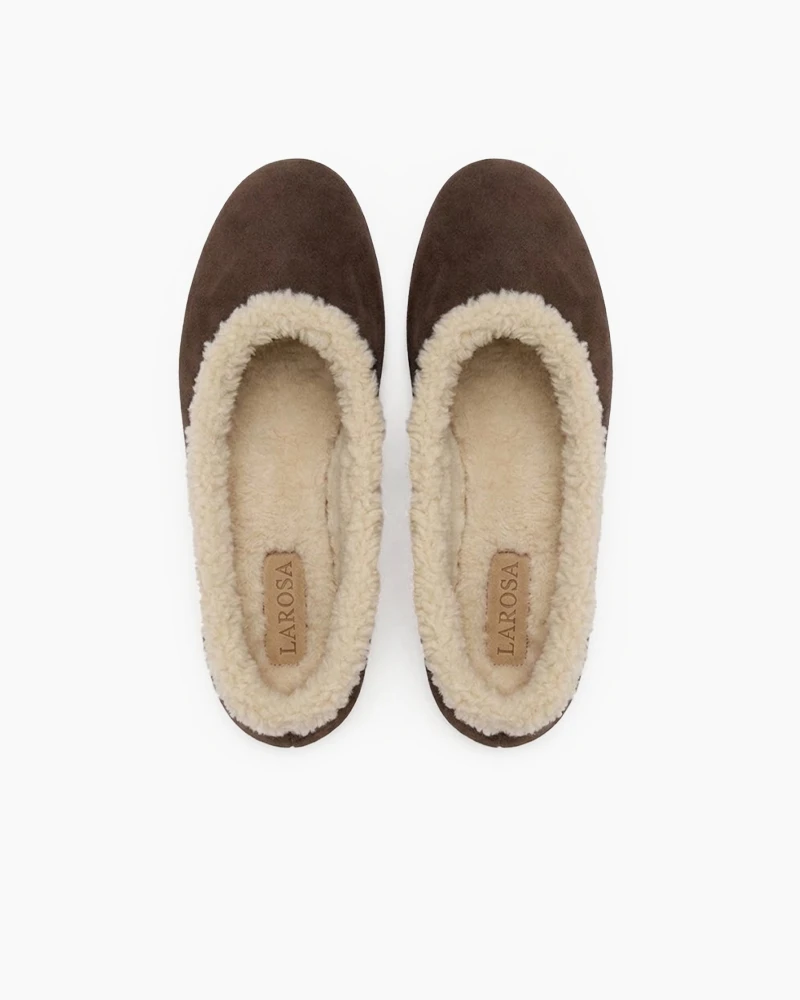 Women's Cozy Fur Trim Ballet Flats-Coffee Suede