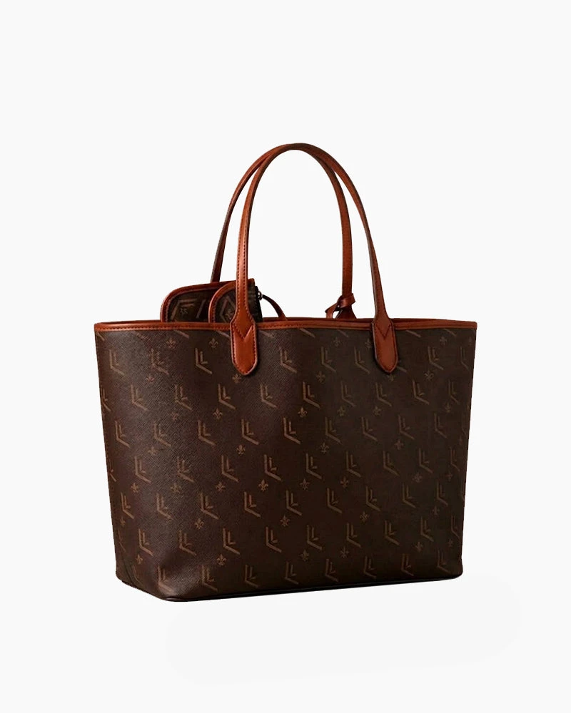 Everyday Commute Monogram Leather Tote Bag-Brown
