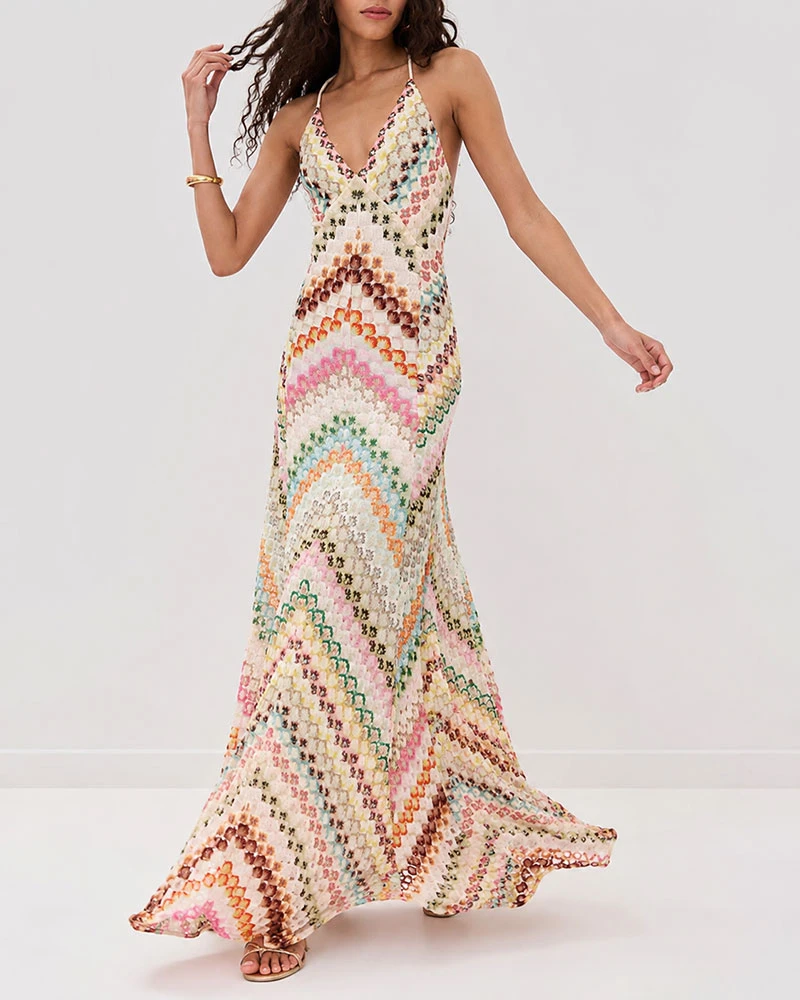 Boho Diagonal Stripe Open-Knit Backless Long Dress