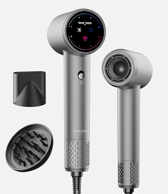 Plasma Ionic Hair Dryer with Diffuser, 110000 RPM High Speed Blow Dryer, Fast Drying Professional Hair Dryer with Smart Screen, Low Noise Ionic Hair Dryer for Curly Hair, Women & Men - Silver Gray