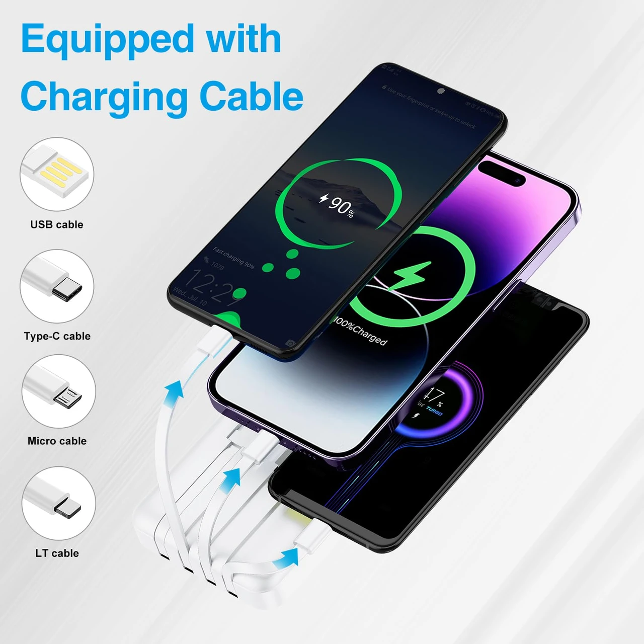 Mini Portable Charger for iWatch 12000mAh, Power Bank with Built-in Cables