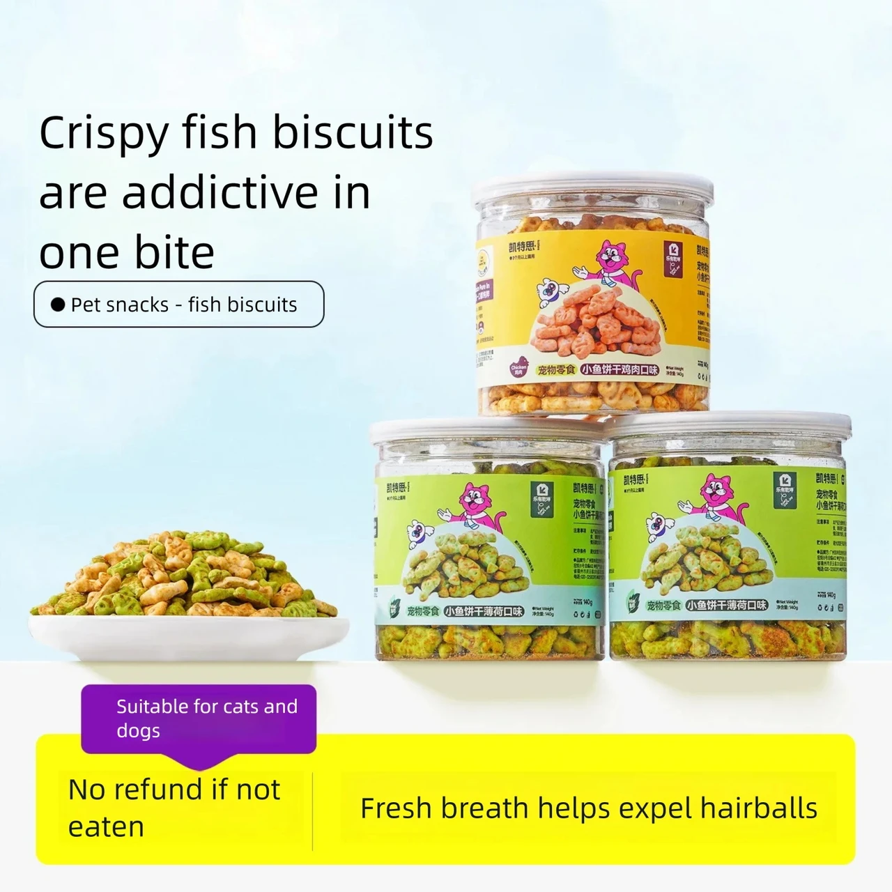 Catnip biscuits for teeth cleaning and gum care, hairball‑removing cat treats, fish‑shaped cat cookies.
