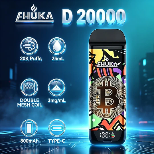 EHUKA D 20000 vape specs, 20000 puffs double mesh coil Type-C rechargeable disposable vape