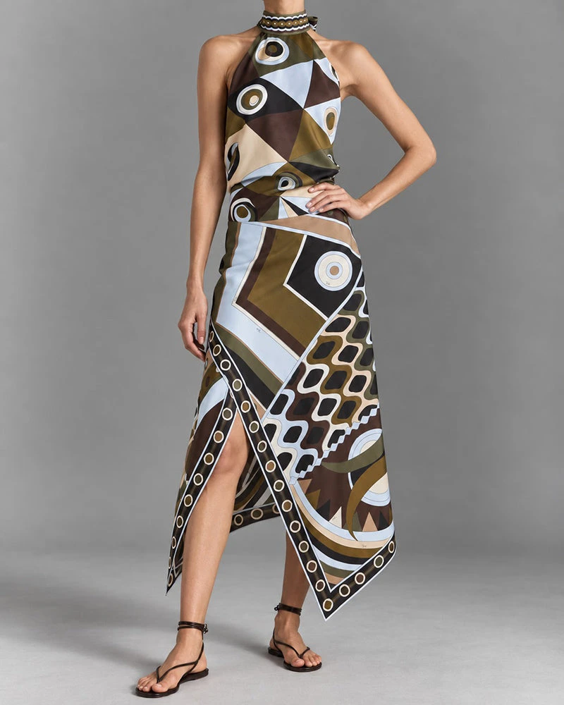 Geometric Print Resort Halter Maxi Dress