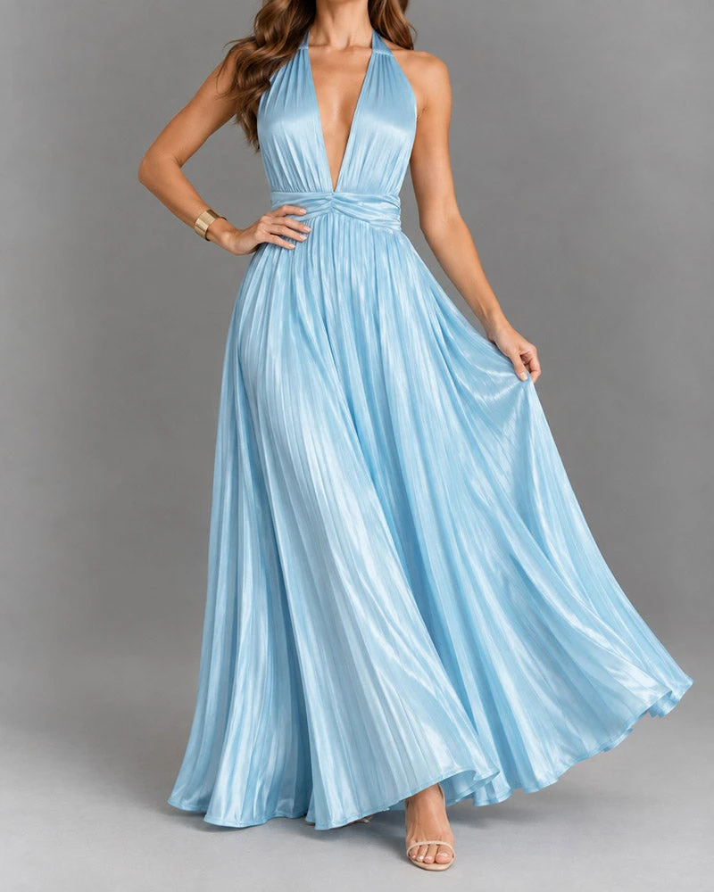 Glamorous Party Halter Pleated Maxi Gown Dress