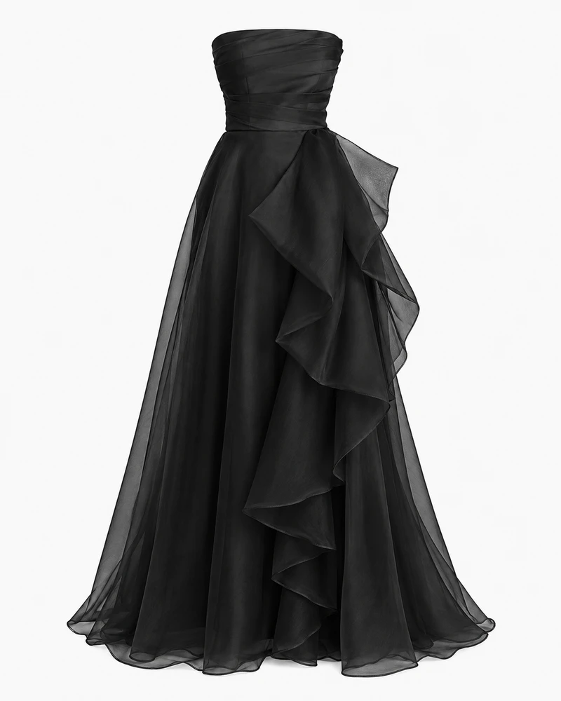 Draped Tulle Gown Evening Dress with Organza Ruffle