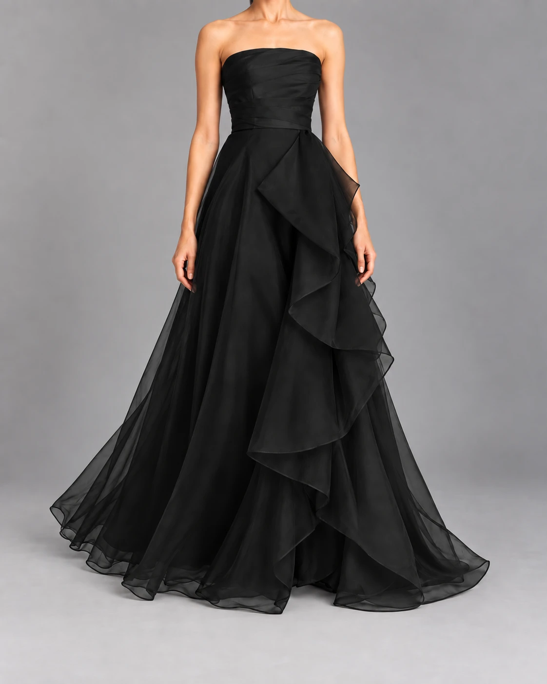 Draped Tulle Gown Evening Dress with Organza Ruffle