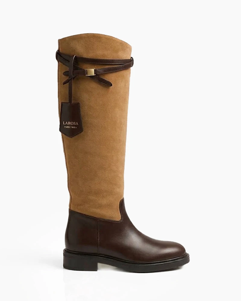 Camel Suede Two-tone Knee-high Riding Boots