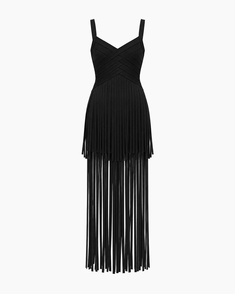 Black Sleeveless Fringe Maxi Dress For Cocktail Parties