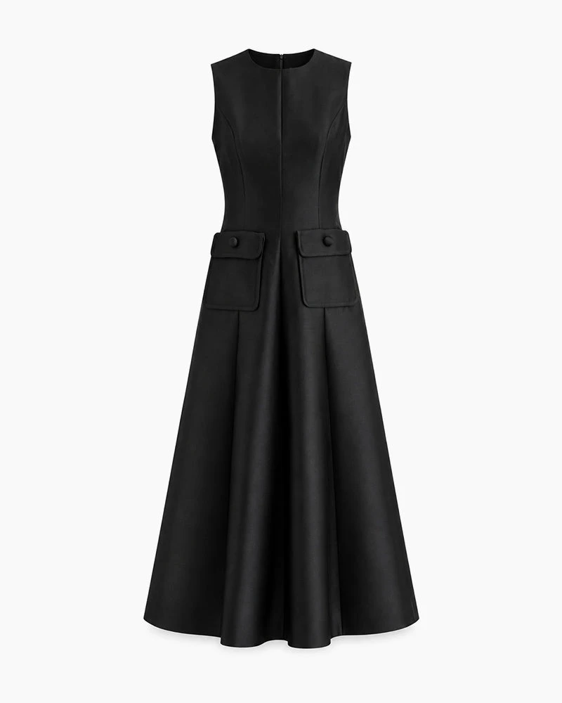 Sleeveless Round Neck Travel Midi Dress With Flap Pockets