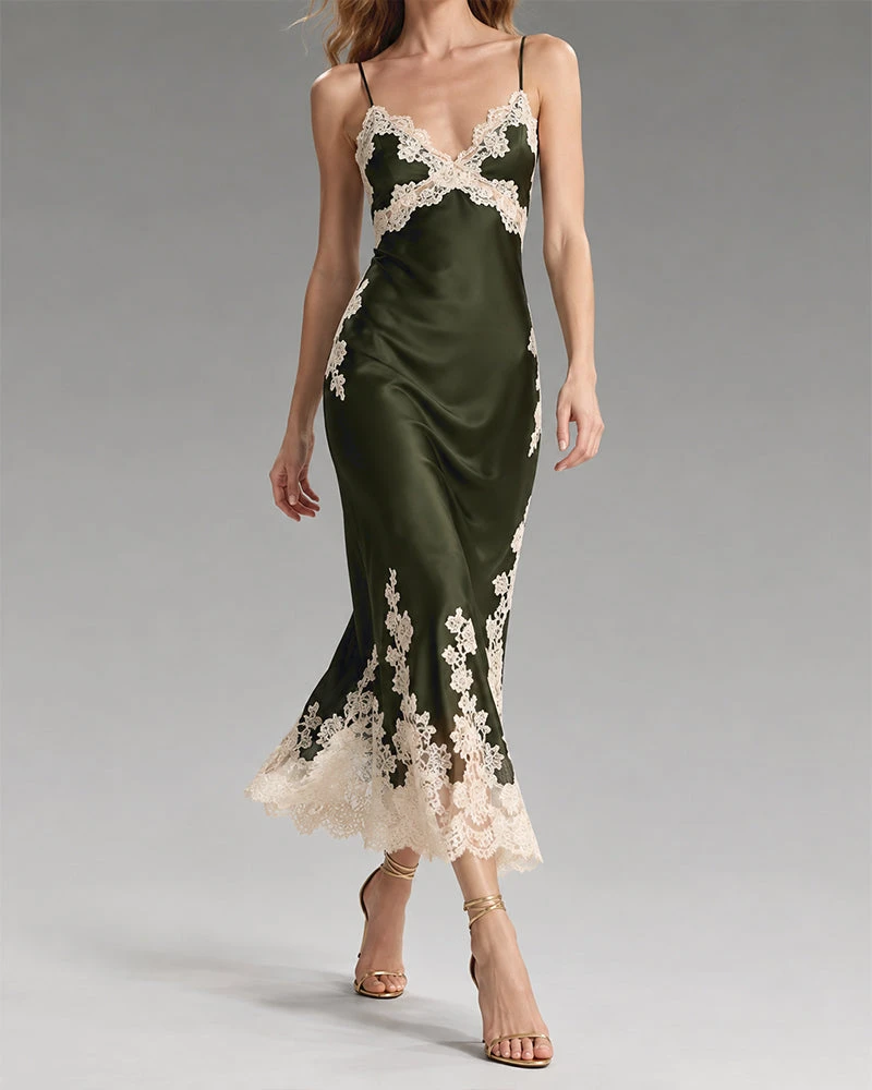 Dark Green Lace Trim Wedding Guest Midi Slip Dress
