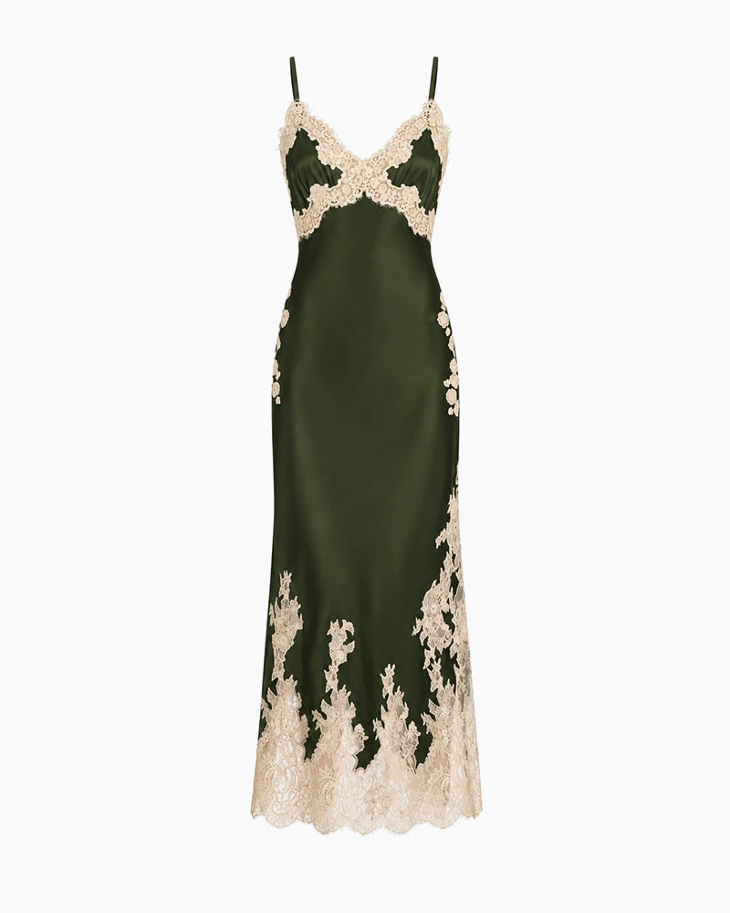Dark Green Lace Trim Wedding Guest Midi Slip Dress